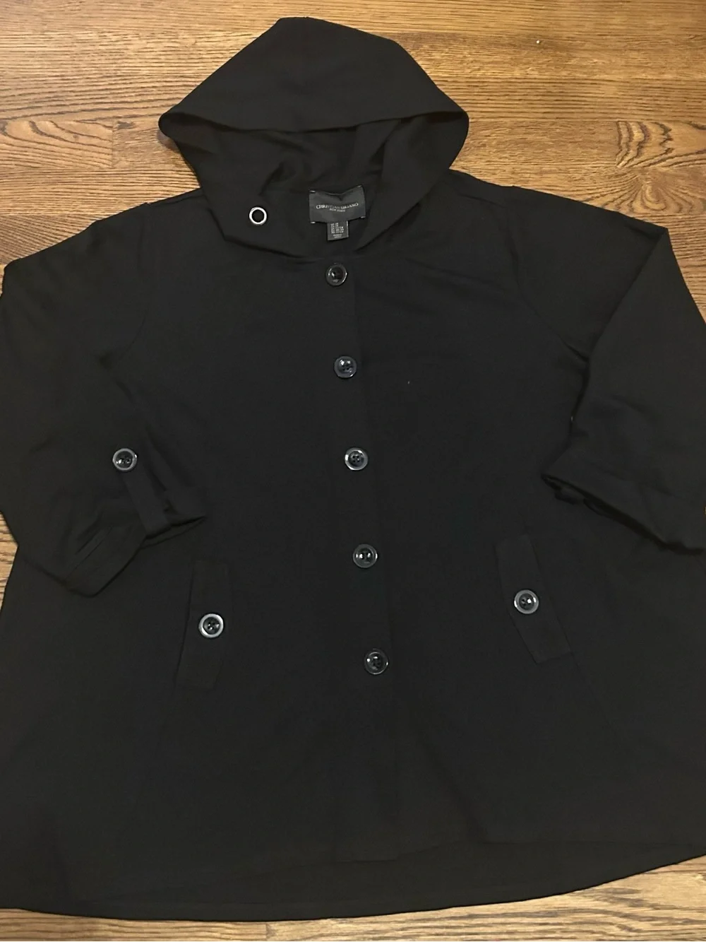 Christian Siriano Black Hooded Button-Front Trench Coat missing tie 4 hood 0155